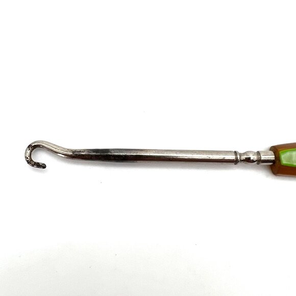Vintage Victorian Era Bakelite Button Hook Tool Metal Shaft Pearl Green & Brown - Picture 3 of 9